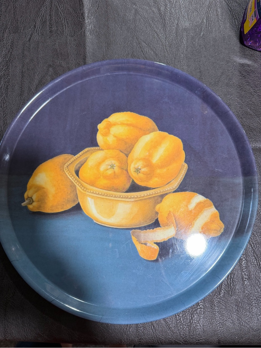 Blue Decorative Serving Tray with lemons in a bowl.